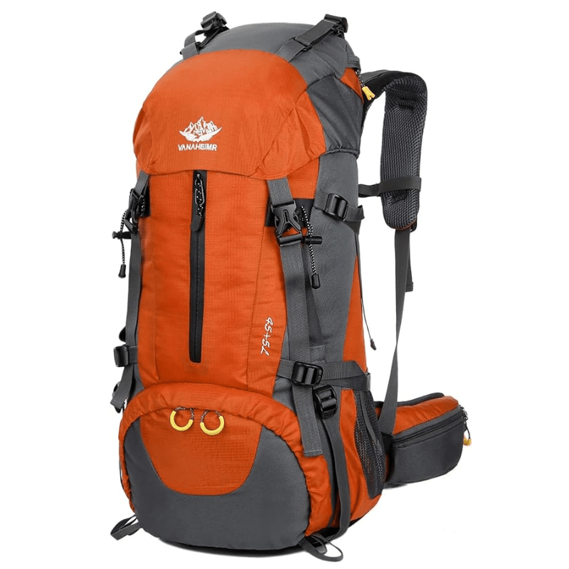 Travel Backpack 50L Hiking Pack with Detachable 5L Daypack in Orange or Black for Outdoor Trips