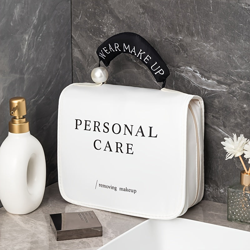 Toiletry Bag Hanging White Makeup Organizer with Built-In Hook, Magnetic Closure and Sectioned Interior