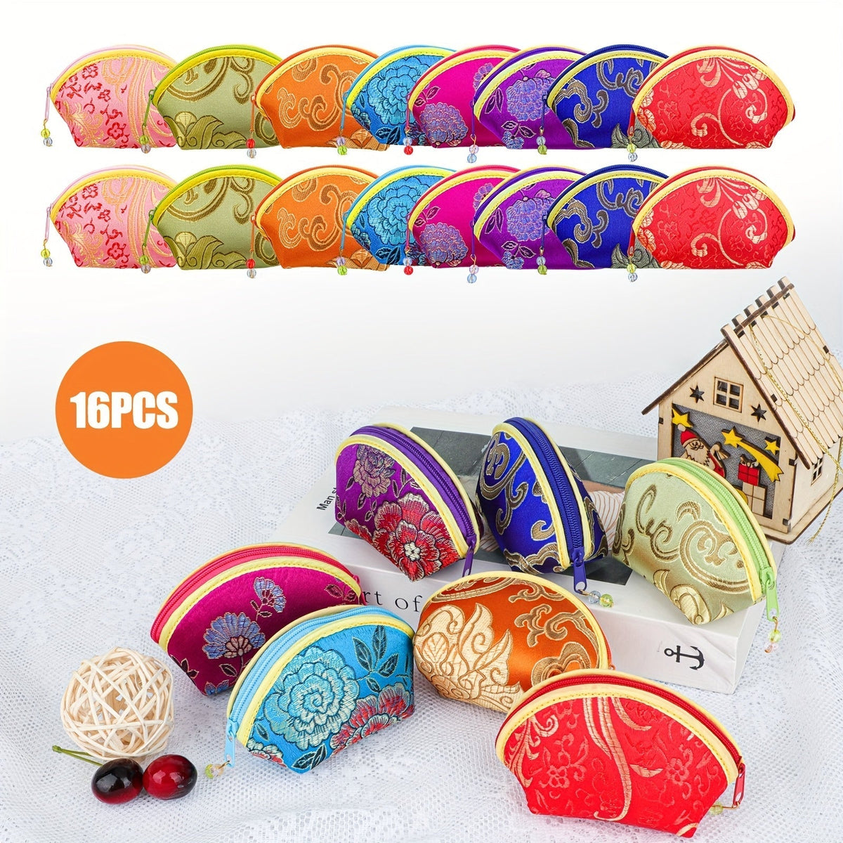 Travel Organizer Bag 16-Piece Mini Embroidered Coin Pouch Set with Zippers for Small Essentials