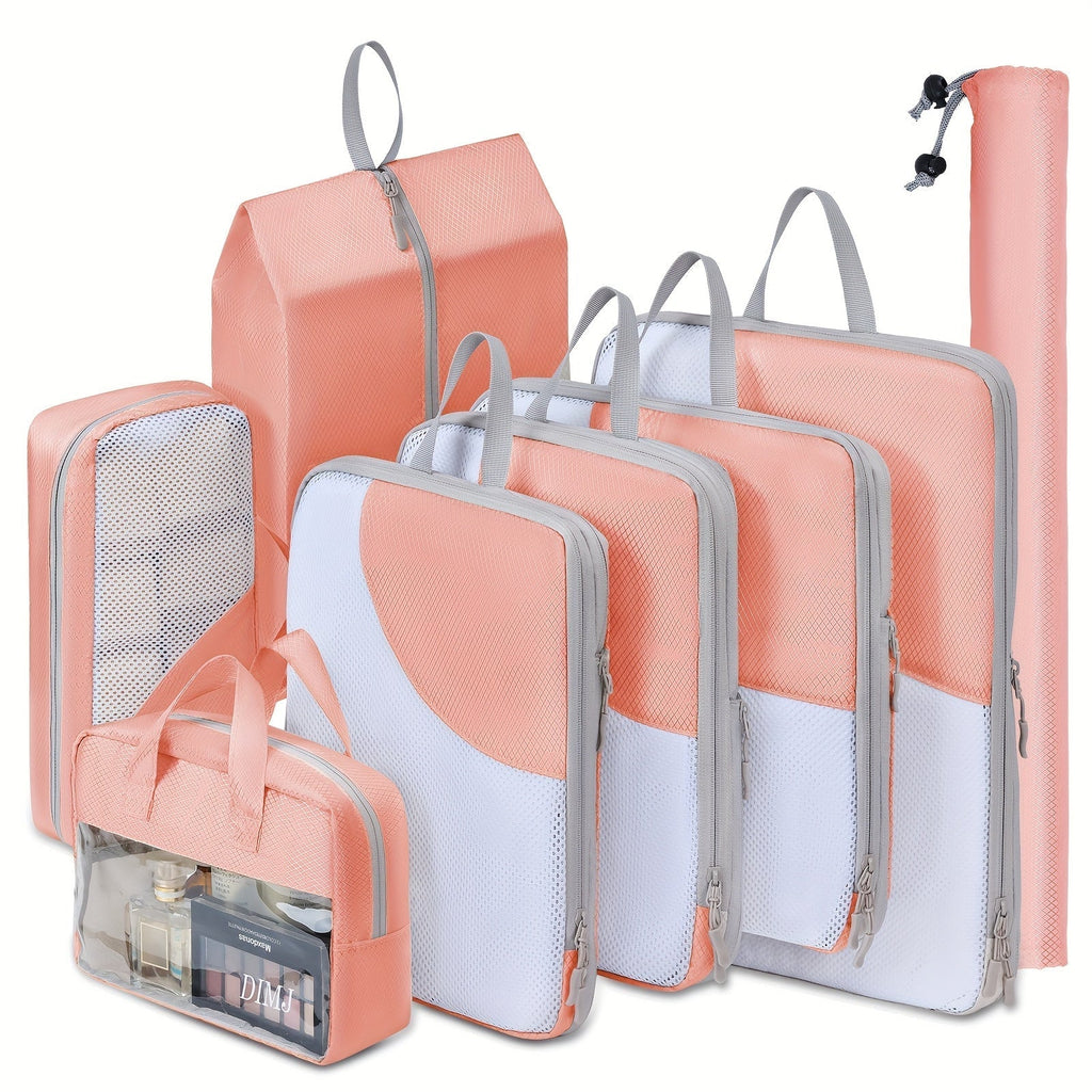 Packing Organizer 8-Piece Compression Set with Mesh Windows, Wash Bag and Sock Bag in Six Colors