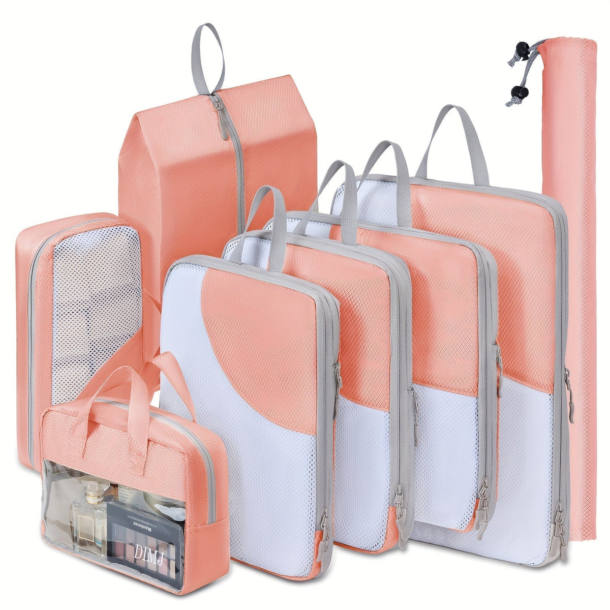 Packing Organizer 8-Piece Compression Set with Mesh Windows, Wash Bag and Sock Bag in Six Colors