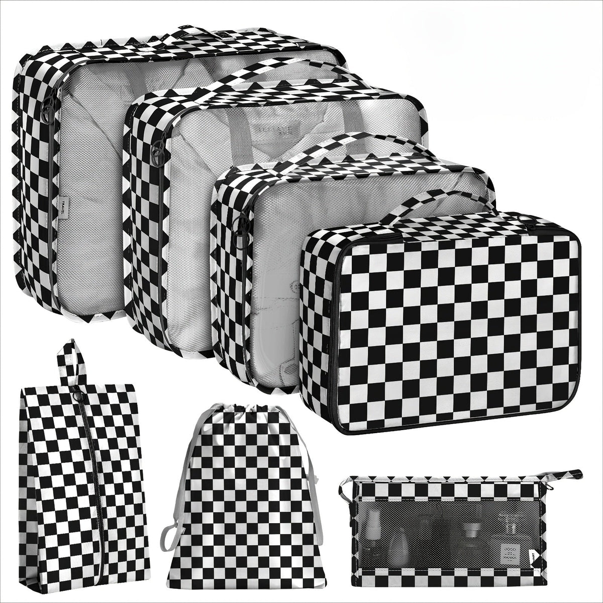 Packing Organizer Set with Cubes, Laundry Bag and Shoe Bag in Four Plaid Colors for Suitcase Travel
