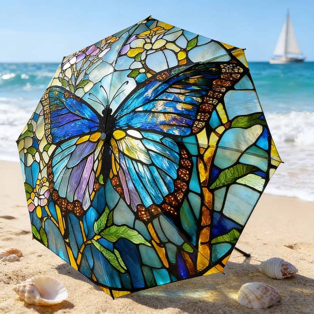 Travel Umbrella Automatic Compact 8-Rib Model with 190T Pongee and Stained-Glass Butterfly Print