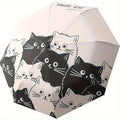 Travel Umbrella Automatic Cat-Print Compact Model with Polyester Canopy and Iron Handle in Black