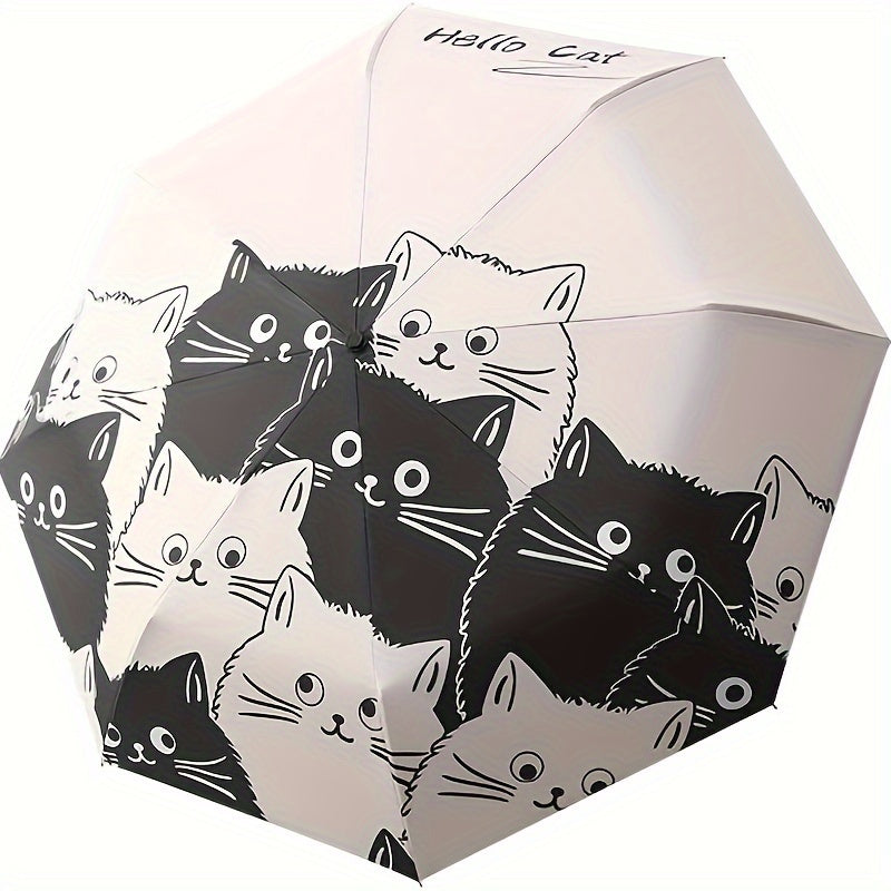 Travel Umbrella Automatic Cat-Print Compact Model with Polyester Canopy and Iron Handle in Black
