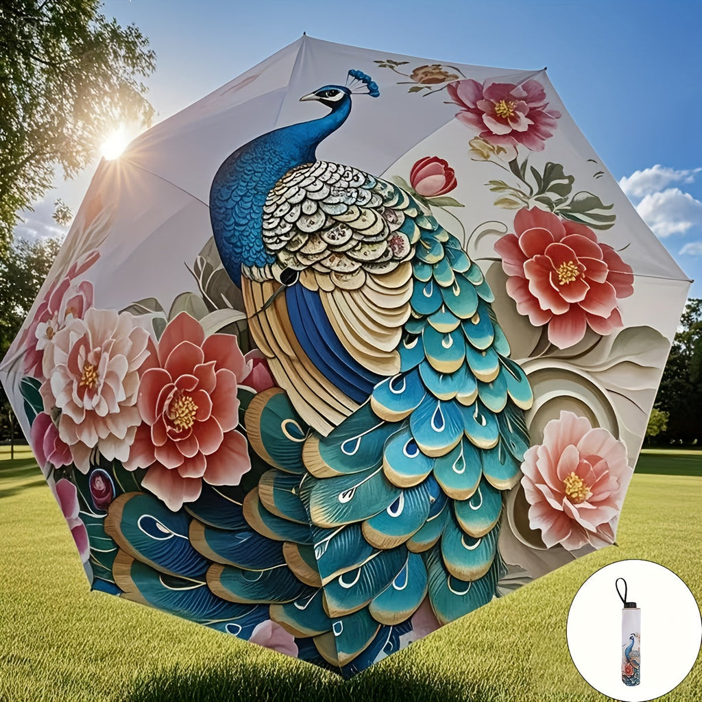 Travel Umbrella Manual 8-Rib Model with 190T Pongee Canopy, Rubber Handle and Peacock Print