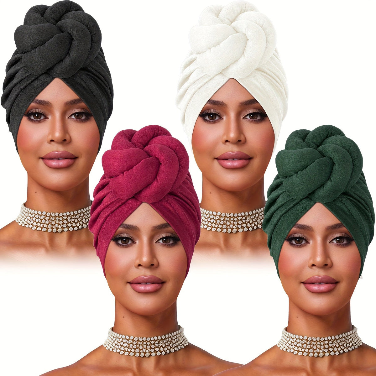Turban Hat - Pre-tied 4pcs Set - Knotted Headscarf Floral Print Stretch Hair Cap for - product detail view 17