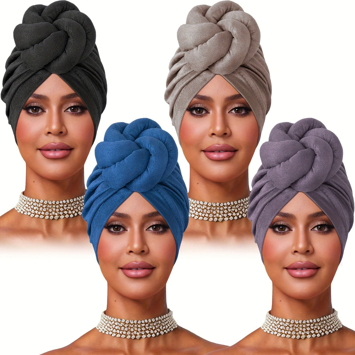 Turban Hat – Pre-tied 4pcs Set – Knotted Headscarf Floral Print Stretch Hair Cap for Women, Instant Wrap