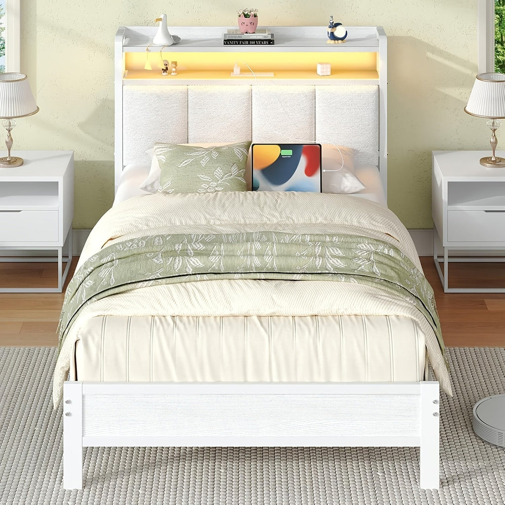 Bed Frame Upholstered Platform with Headboard Shelves, LED Lighting and Built-In USB Charging Ports