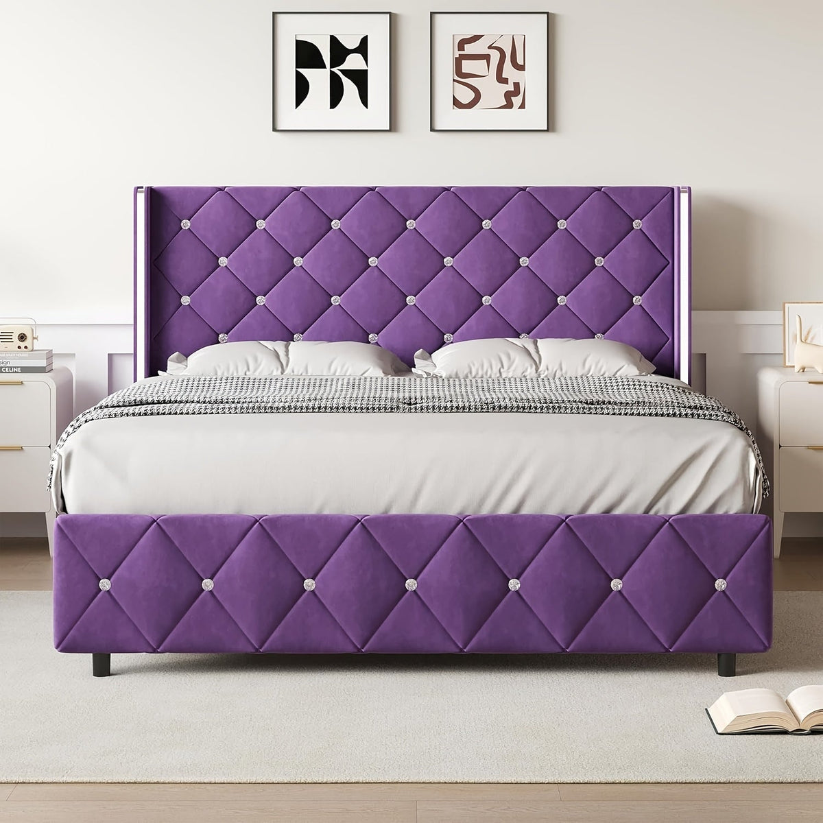 Bed Frame Upholstered Platform with Diamond-Tufted Wingback Headboard and Six Color Options