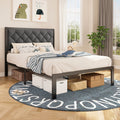 Bed Frame Gray Upholstered Platform with Button-Tufted Nailhead Headboard and 12.6-Inch Clearance