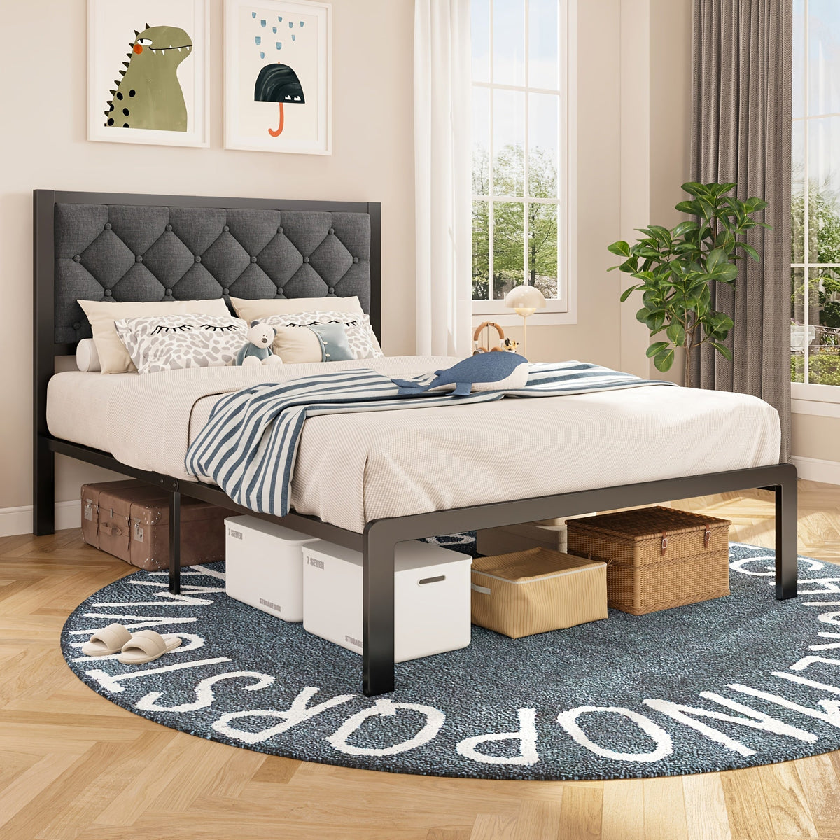 Bed Frame Gray Upholstered Platform with Button-Tufted Nailhead Headboard and 12.6-Inch Clearance