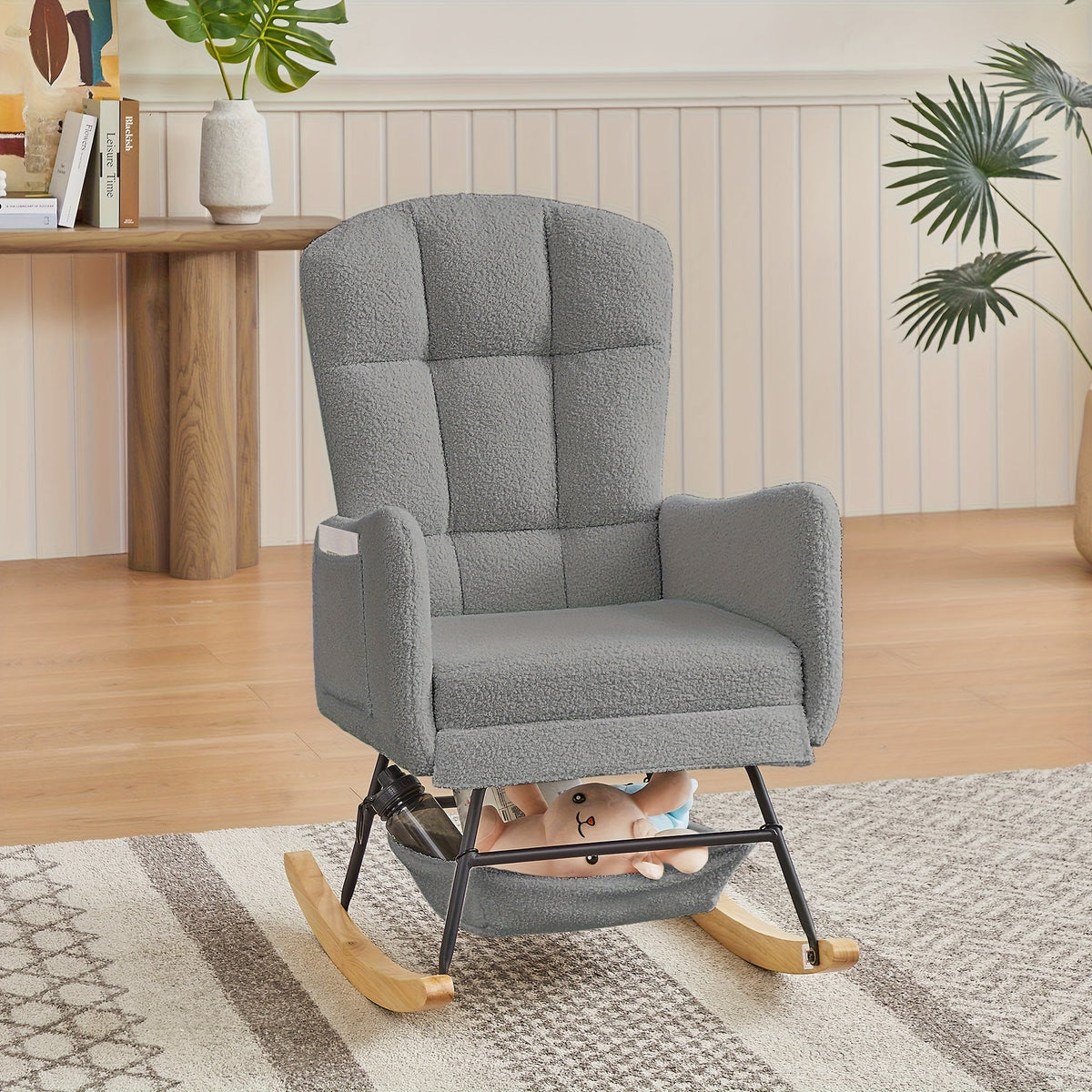 Upholstered Metal Rocking Chair with Solid Wood Construction