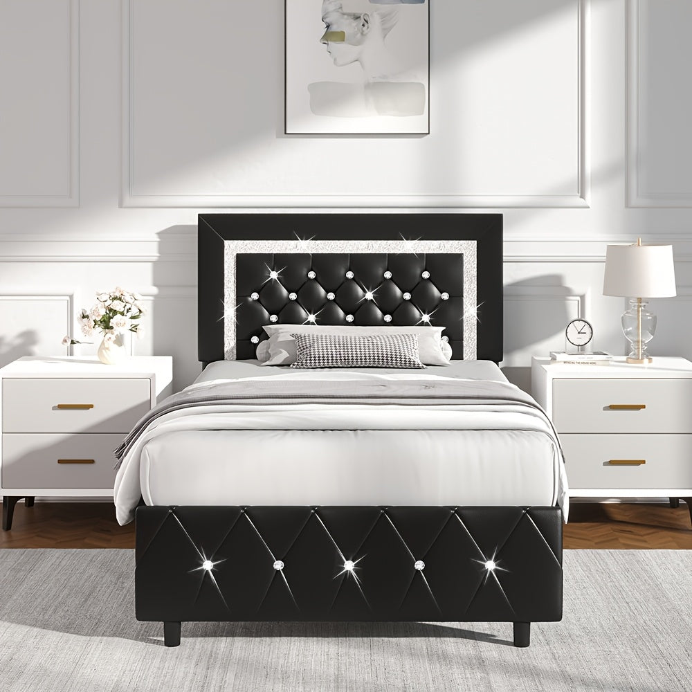 Bed Frame Upholstered Platform with Diamond-Tufted Headboard, Wood Slats and Six Color Options