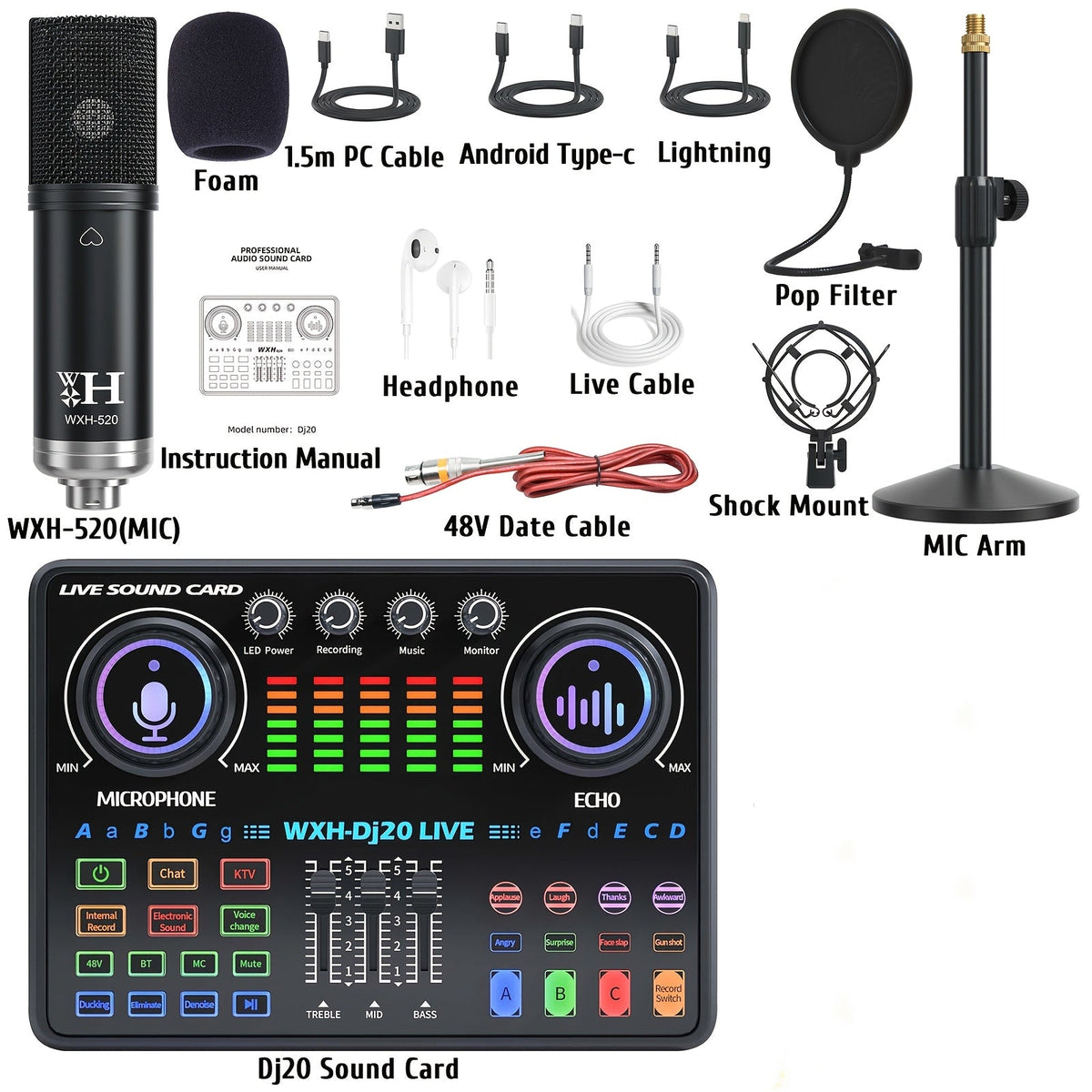 USB Audio Interface 48V Podcast Mixer Kit with Black Condenser Microphone, Boom Arm and Rechargeable Setup