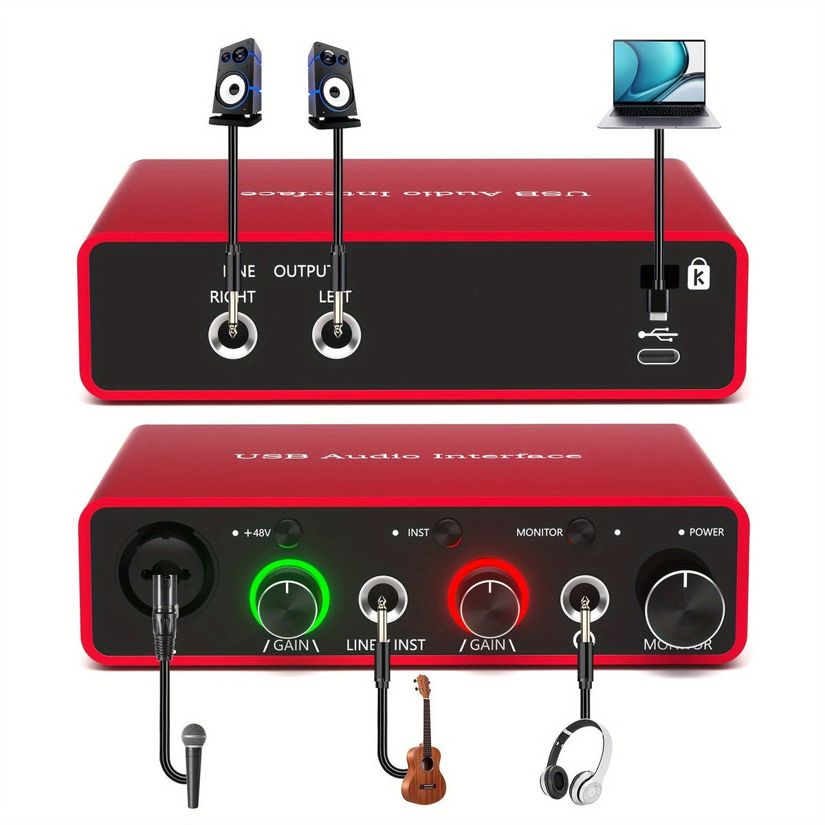 USB Audio Interface Red 24-Bit 192kHz Recording Unit with 48V Phantom Power and Front Headphone Control