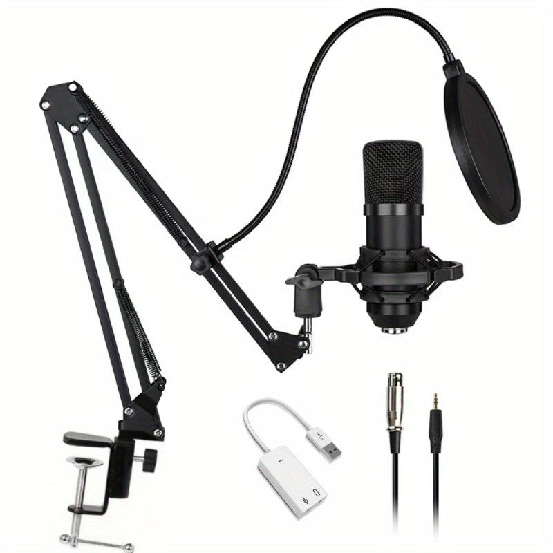 USB Audio Interface Compact USB Microphone Adapter Set with Black Condenser Mic, Boom Arm and Pop Filter