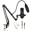 USB Audio Interface Compact USB Microphone Adapter Set with Black Condenser Mic, Boom Arm and Pop Filter