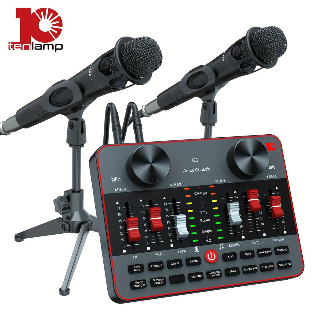 USB Audio Interface Dual-Microphone Podcast Mixer Kit with USB Charging and Adjustable Boom Arms