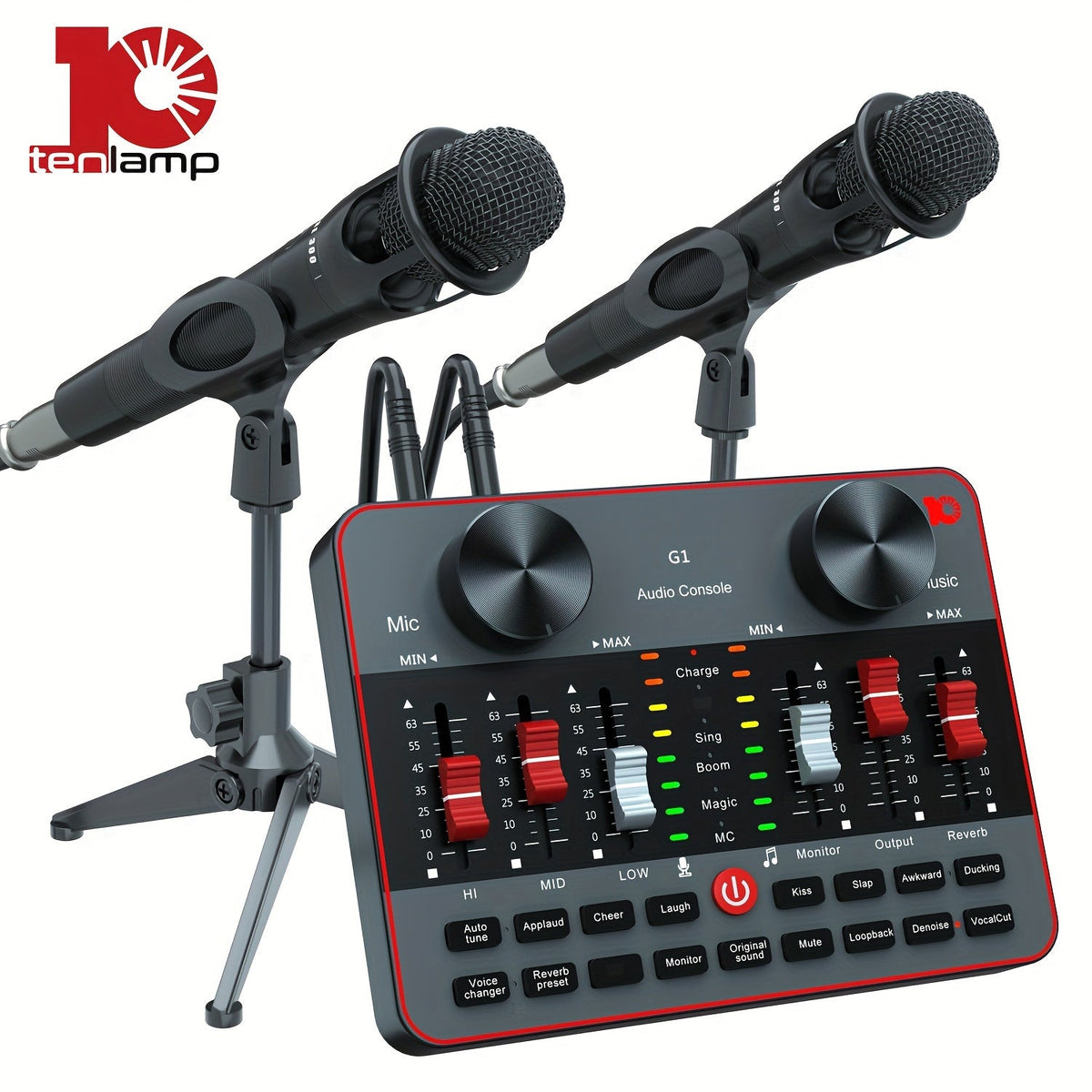 USB Audio Interface Dual-Microphone Podcast Mixer Kit with USB Charging and Adjustable Boom Arms