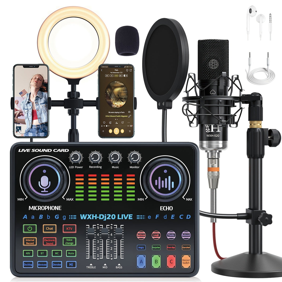 USB Audio Interface Two-Option Wireless Podcast Mixer Kit with Rotatable Phone Clip and Microphone Accessories