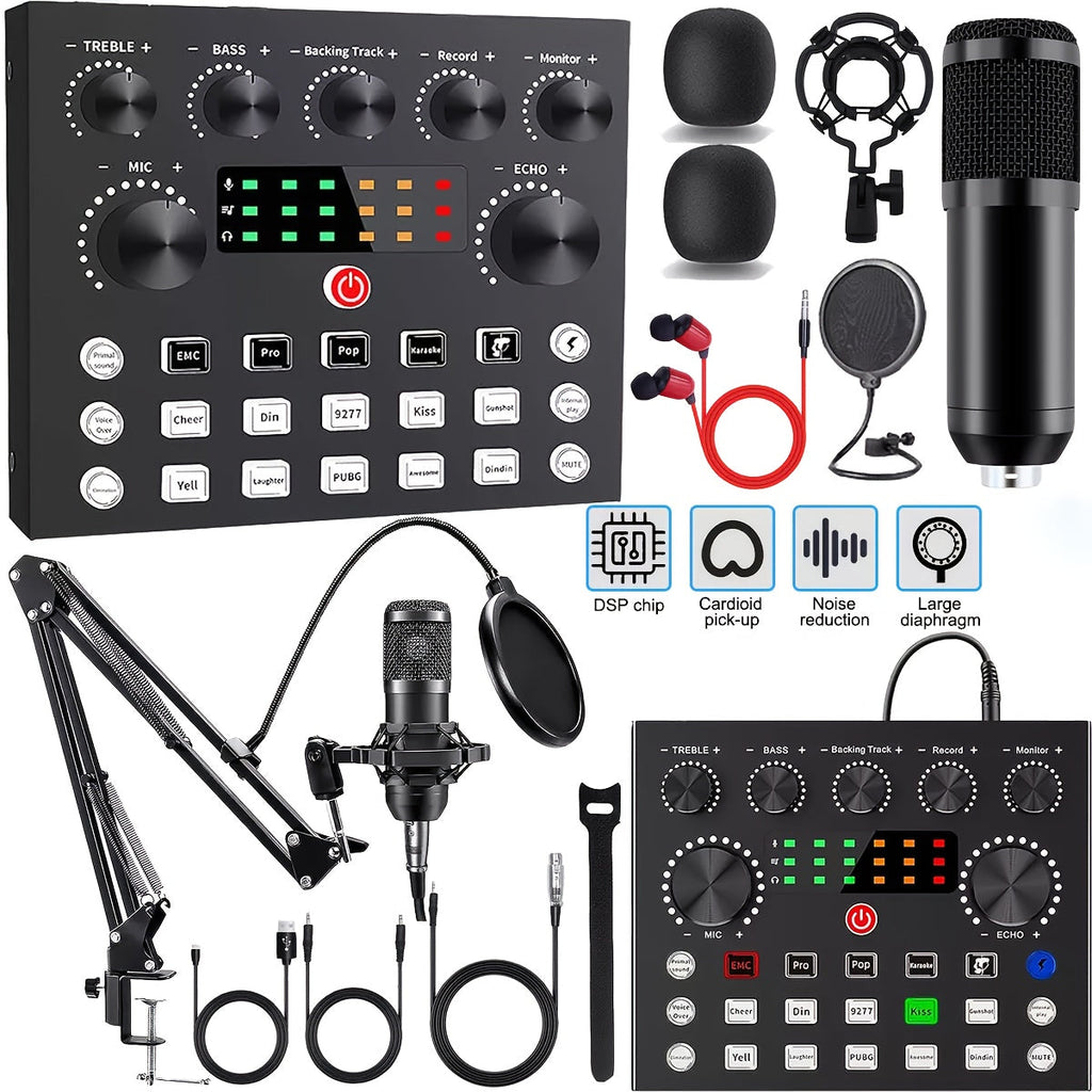 USB Audio Interface One- or Two-Piece Black Podcast Mixer Bundle with Dual Microphones and Boom Arms