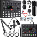USB Audio Interface One- or Two-Piece Black Podcast Mixer Bundle with Dual Microphones and Boom Arms