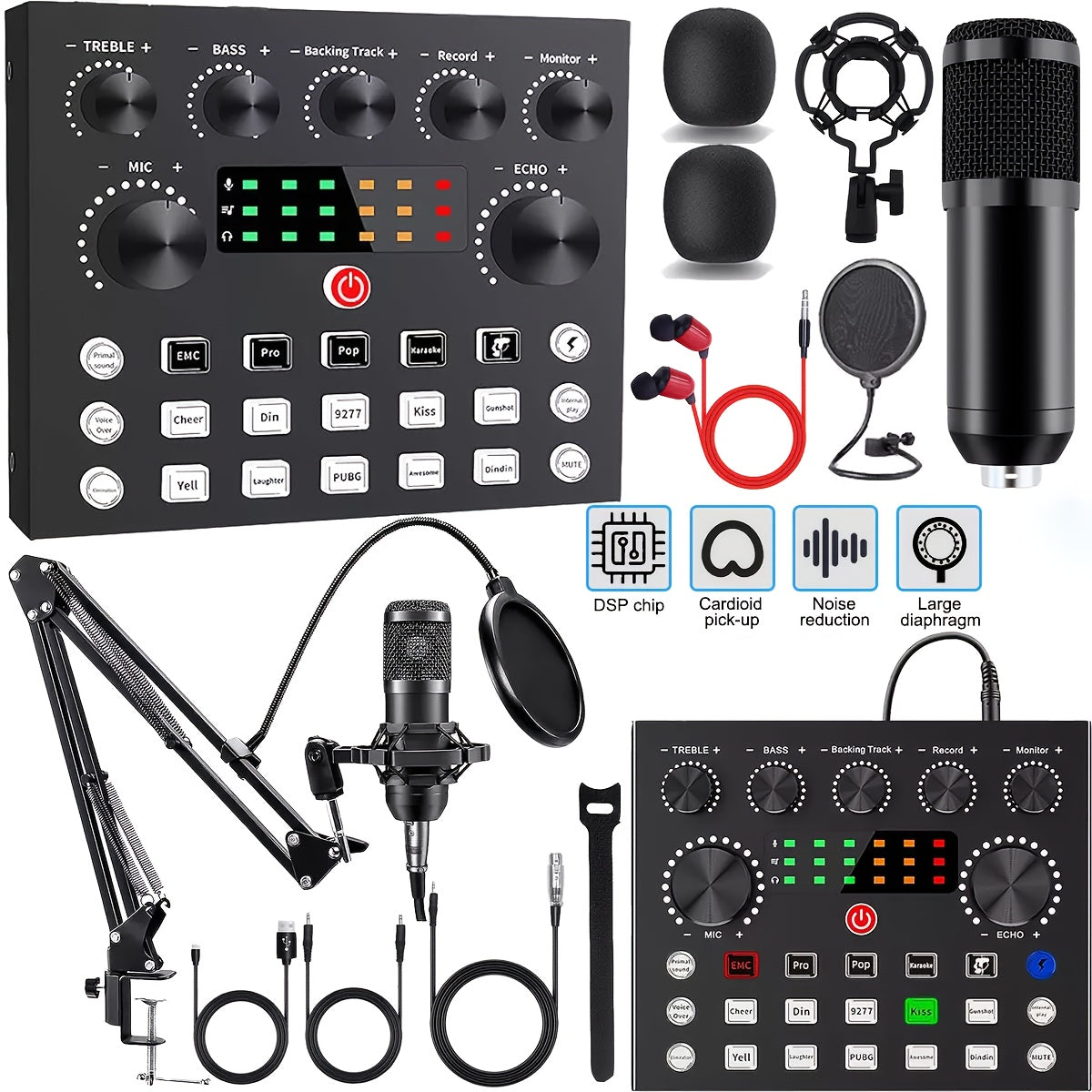 USB Audio Interface One- or Two-Piece Black Podcast Mixer Bundle with Dual Microphones and Boom Arms
