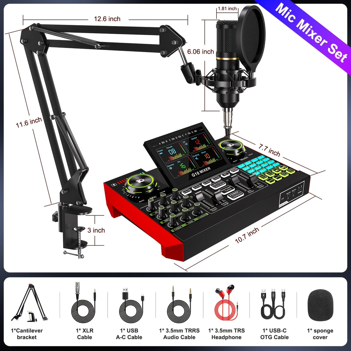 USB Audio Interface 36V Podcast Mixer Bundle with Condenser Microphone, Boom Arm and OTG Cable