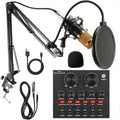 USB Audio Interface Rechargeable Black Podcast Mixer Set with 3.5mm Condenser Microphone and Boom Arm