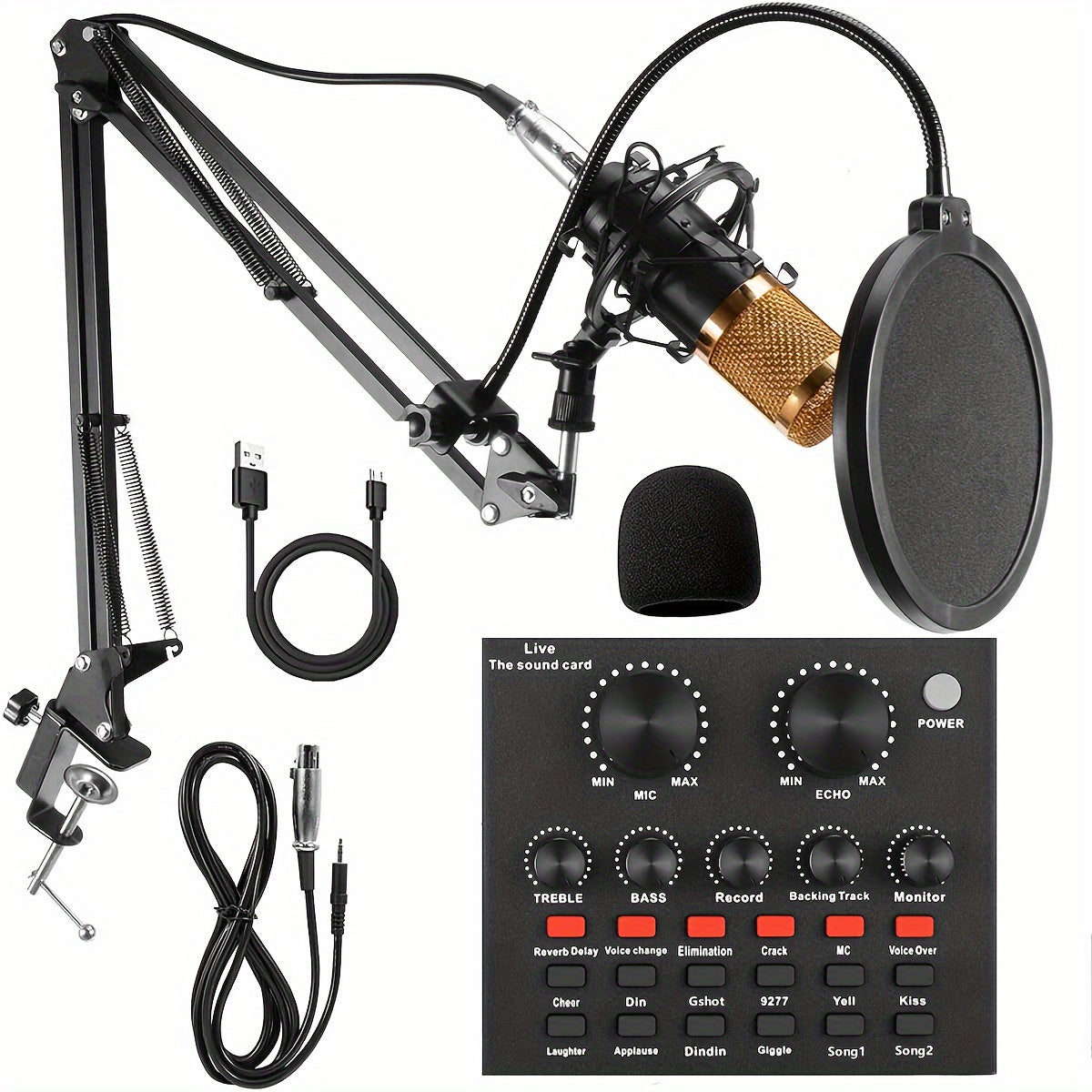 USB Audio Interface Rechargeable Black Podcast Mixer Set with 3.5mm Condenser Microphone and Boom Arm