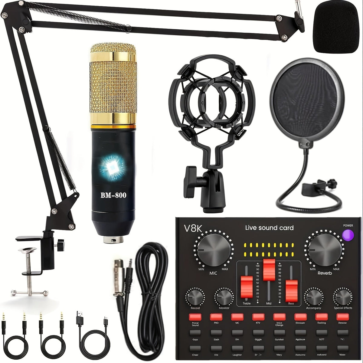 USB Audio Interface Six-Option Podcast Mixer and Microphone Bundle with Boom Arm and USB-C Connections