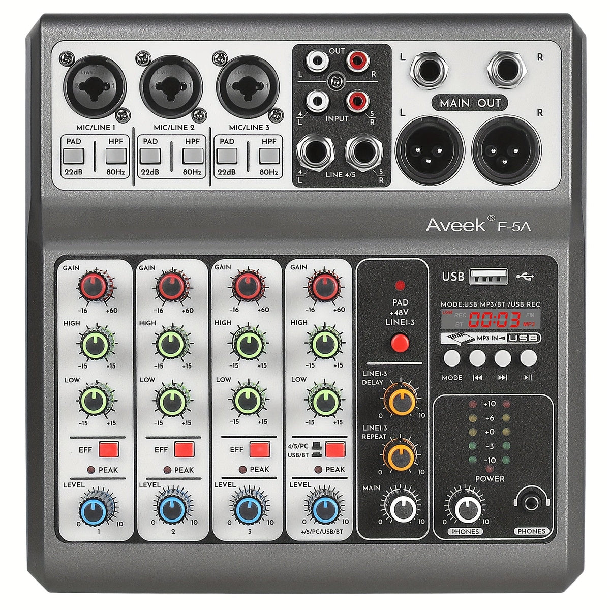 USB Audio Interface Aveek Grey Mixer with USB-B Computer Recording, USB Drive Playback and Stereo Controls