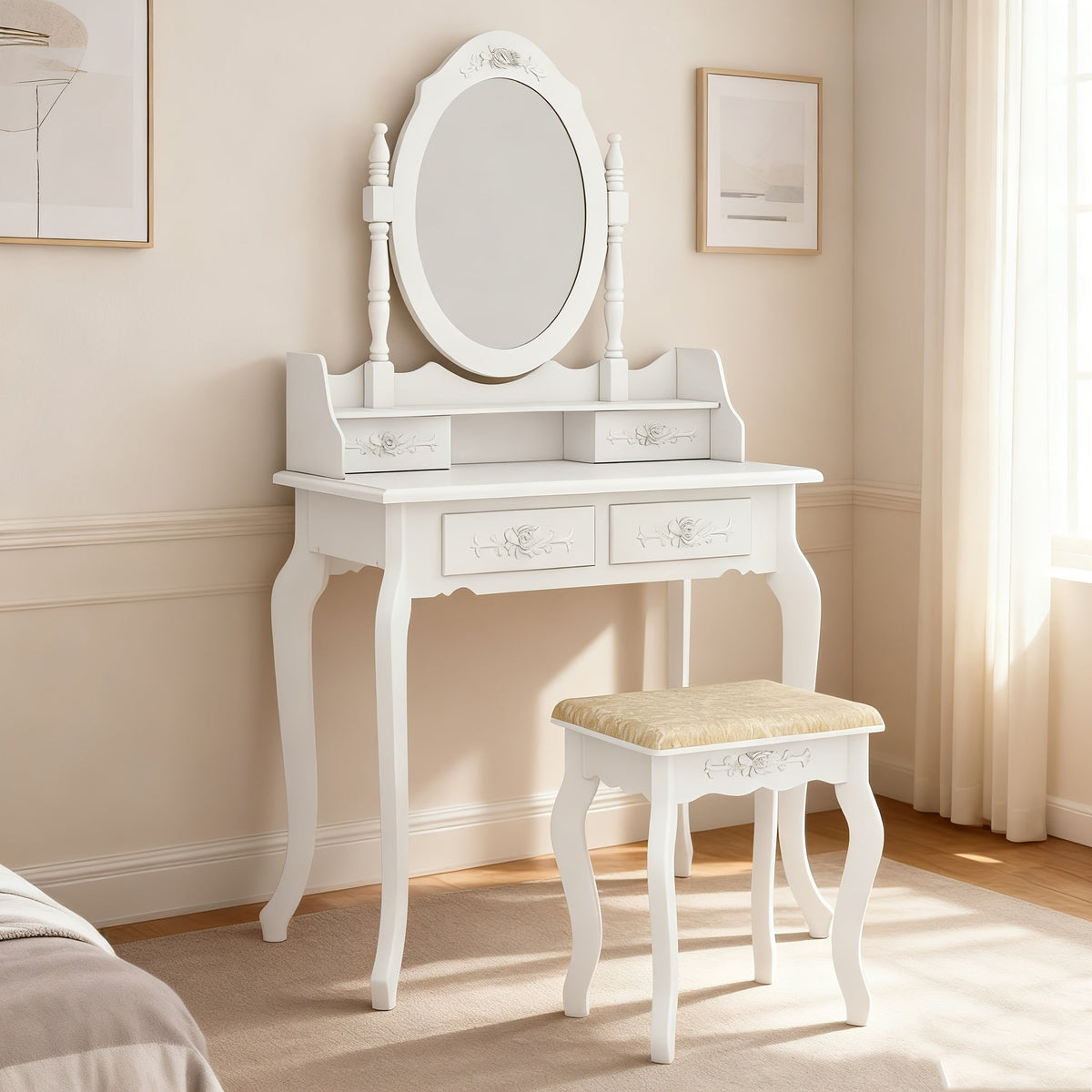 Vanity Table with Solid Wood Construction and 360° Swivel for Bedroom