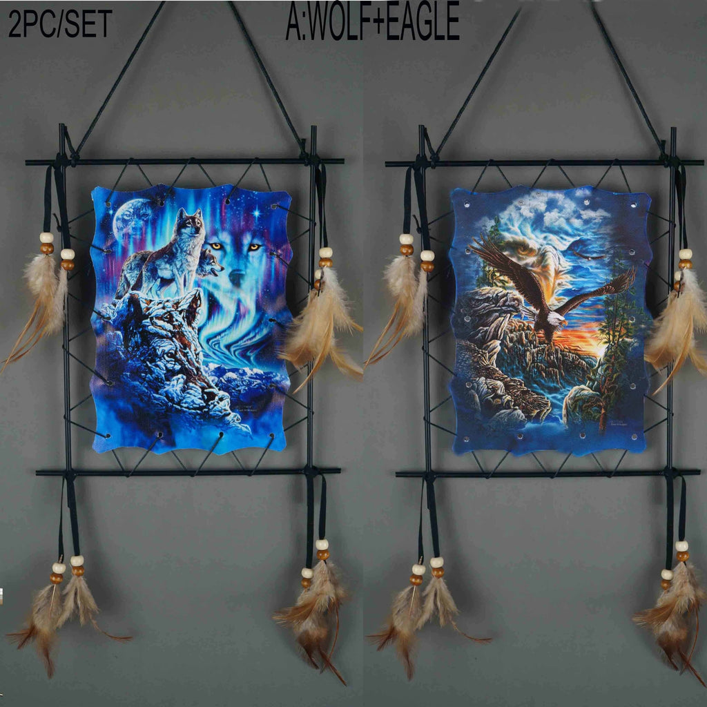 Wolf Eagle Dream Catcher Wall Art 2pcs Canvas Print Boho Native American Totem Hanging Decor with Feathers Wooden Beads Vintage Iron Frame