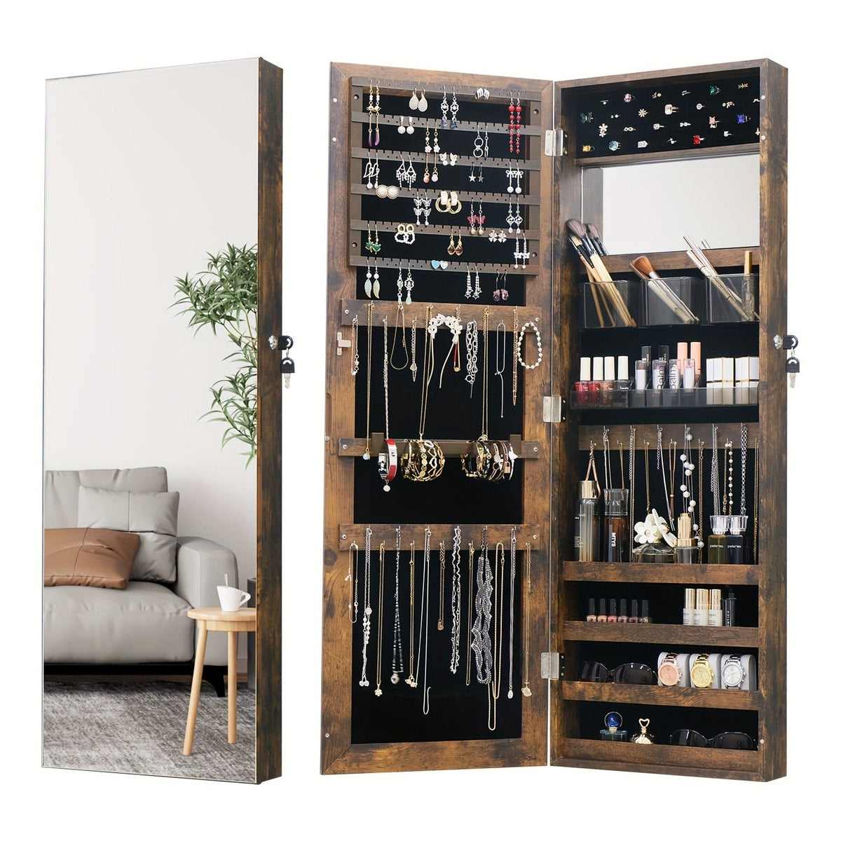 Full Length Mirror Jewelry Armoire Cabinet, 2-in-1 Lockable Over the Door Mirror with Jewelry Storage, Makeup Organizer with Baskets Bins