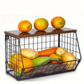 Wall-Mounted Fruit Basket with Wooden Cover – 2-Tier Metal Kitchen Storage Basket with Hooks, Stackable Hanging Organizer for Potatoes