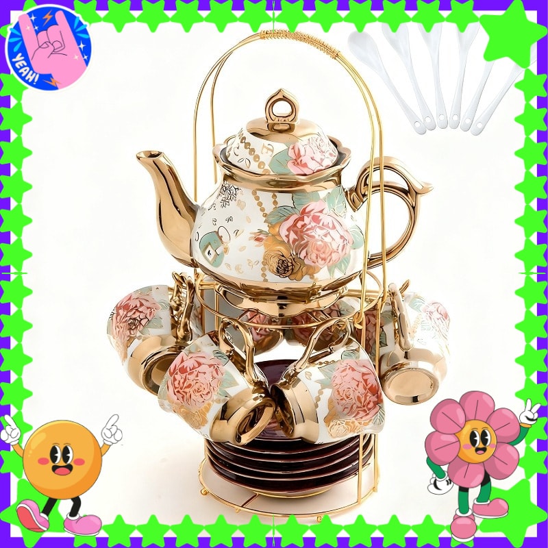 20-Piece Floral Ceramic Tea Set with Saucers & Metal Stand, European Afternoon Tea Service, Blooming Design