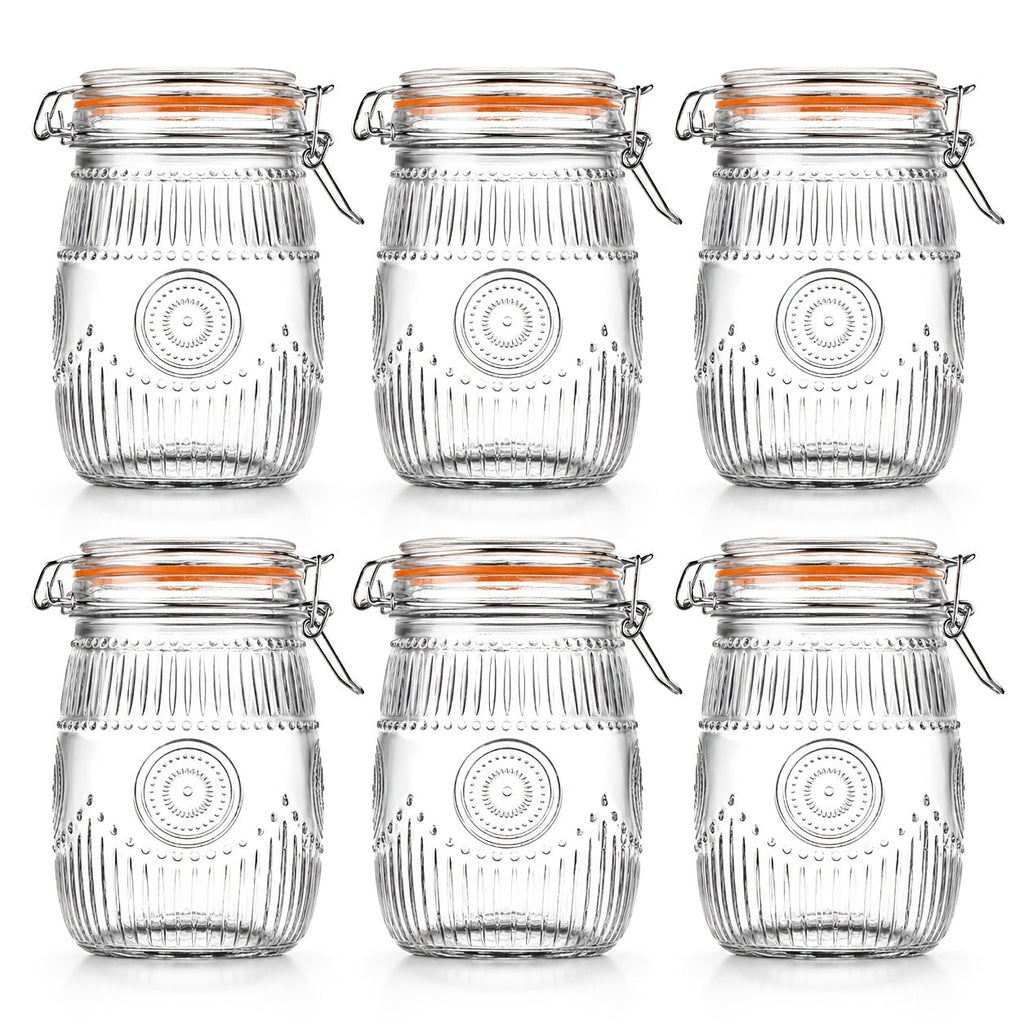 Mason Jars 6-Pack, 32 oz Wide-Mouth Glass Canisters with Hinged Lids and Sunflower Pattern for Coffee, Sugar, Beans and Spices