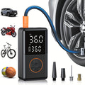 Compact Cordless Tire Inflator with Digital LCD Screen, Blue Air Hose and Pictured Valve Adapters
