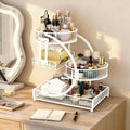 Three-Tier Metal Makeup Organizer with Round Baskets, Tissue Holder and White Iron Frame Design