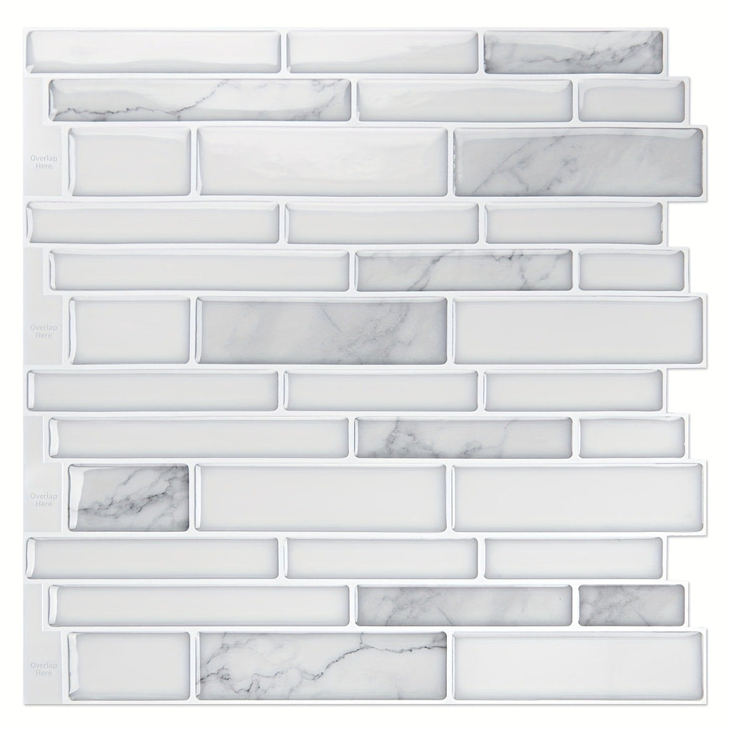 Ten-Sheet White Marble Subway-Pattern Peel-and-Stick Backsplash Wall Tile Set with 30 x 18 cm Panels