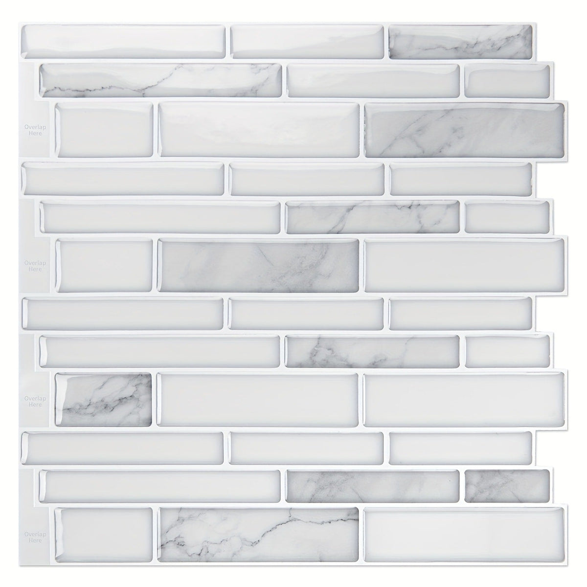 Ten-Sheet White Marble Subway-Pattern Peel-and-Stick Backsplash Wall Tile Set with 30 x 18 cm Panels