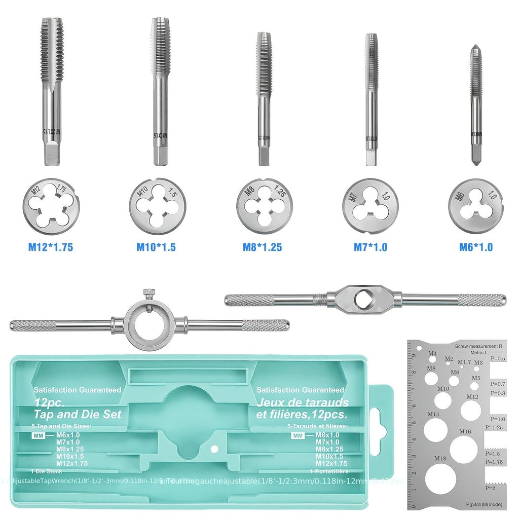Tap and Die Set Metric, 12-Piece & 40-Piece M3-M12 Thread Plug Straight Taper with Pitch Calipers & Wrench