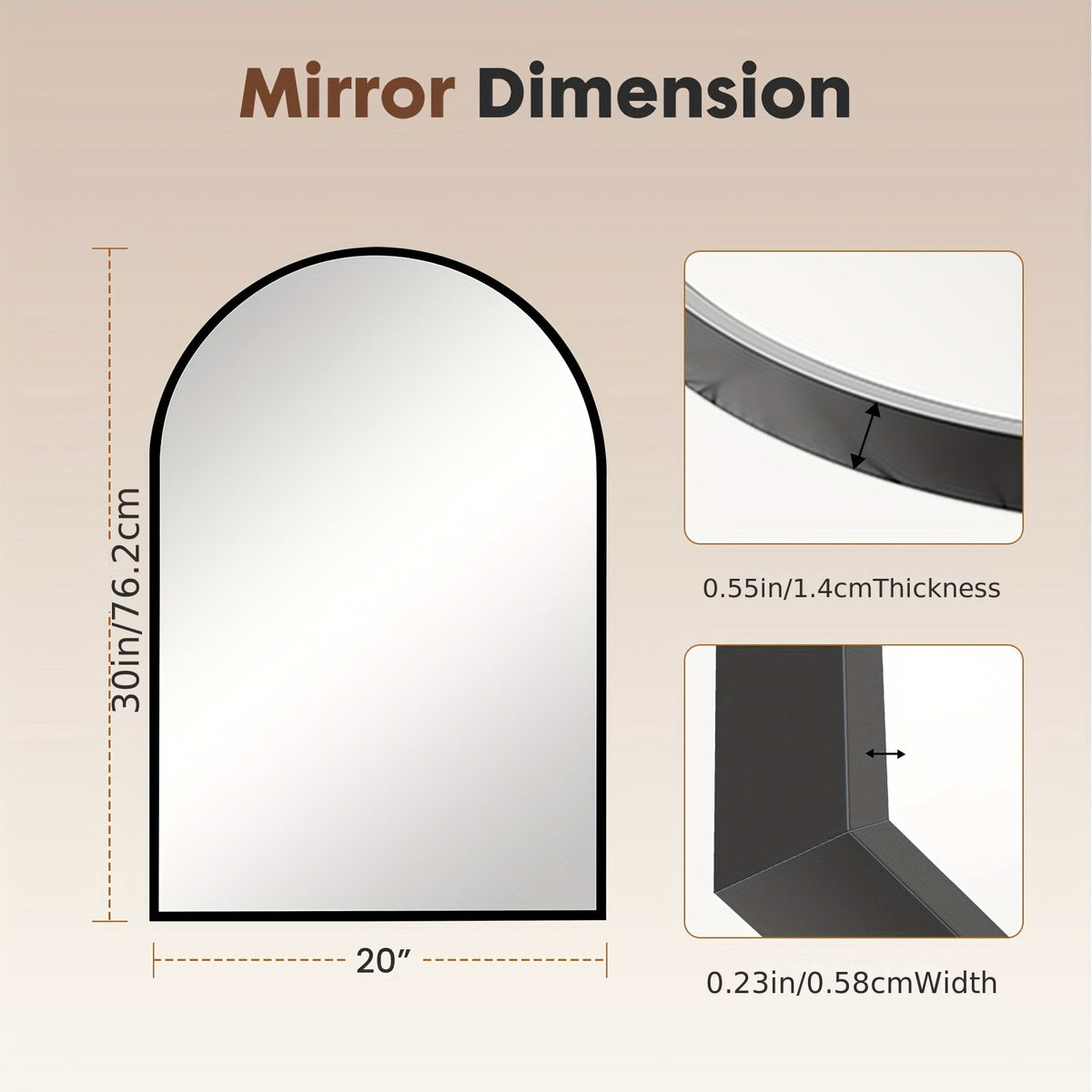 Arched Rectangle Metal Wall Mirror in Black or Gold with 30 x 20, 36 x 24 and 38 x 26 Inch Options