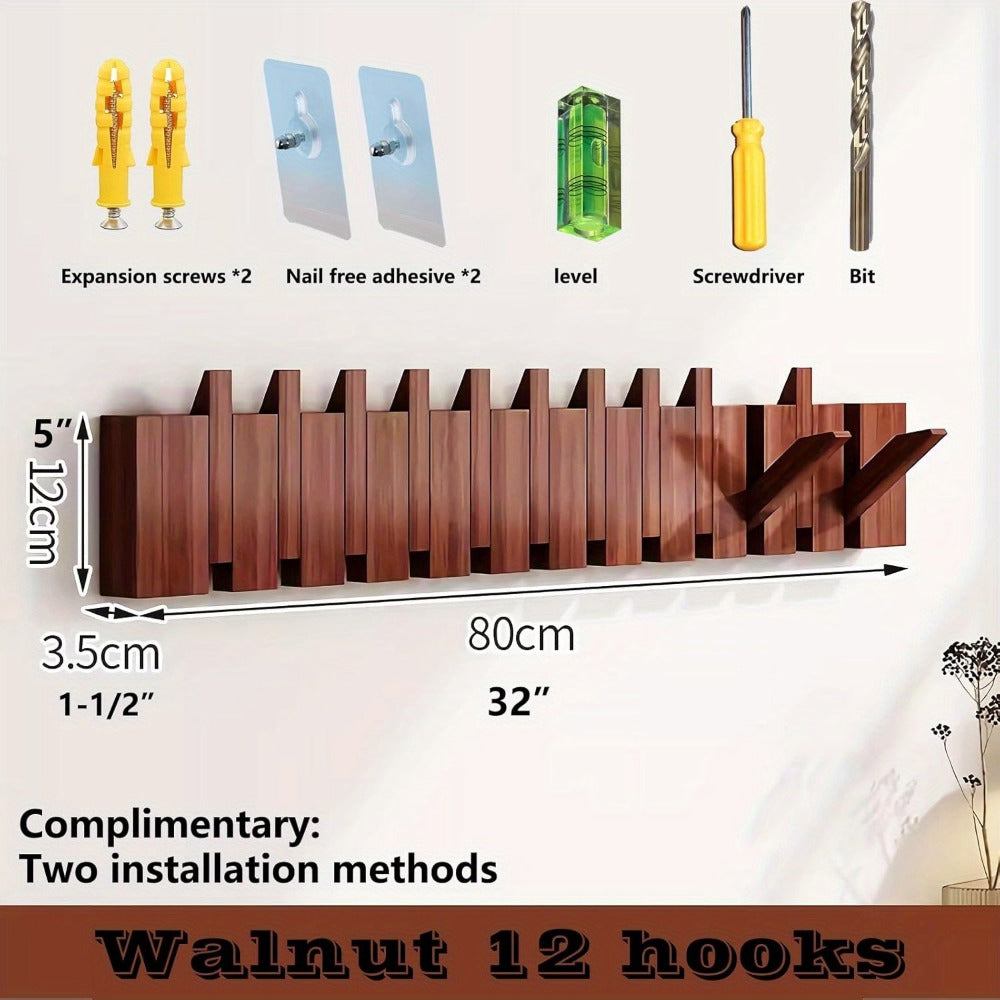 Coat Rack Wall Mounted Walnut Piano-Key Rail with Fold-Down Hooks in Five Sizes for Entryway Storage