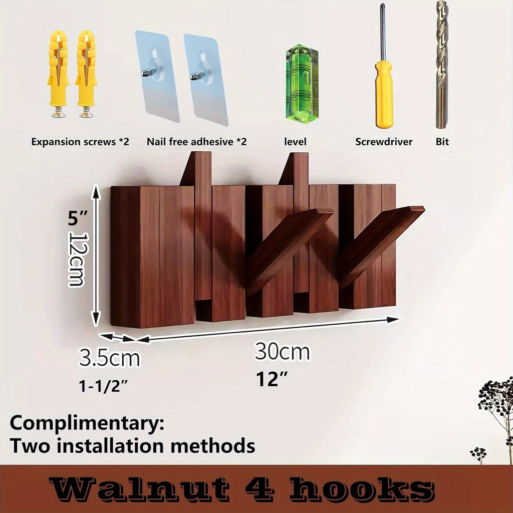Coat Rack Wall Mounted Walnut Piano-Key Rail with Fold-Down Hooks in Five Sizes for Entryway Storage