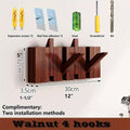 Coat Rack Wall Mounted Walnut Piano-Key Rail with Fold-Down Hooks in Five Sizes for Entryway Storage