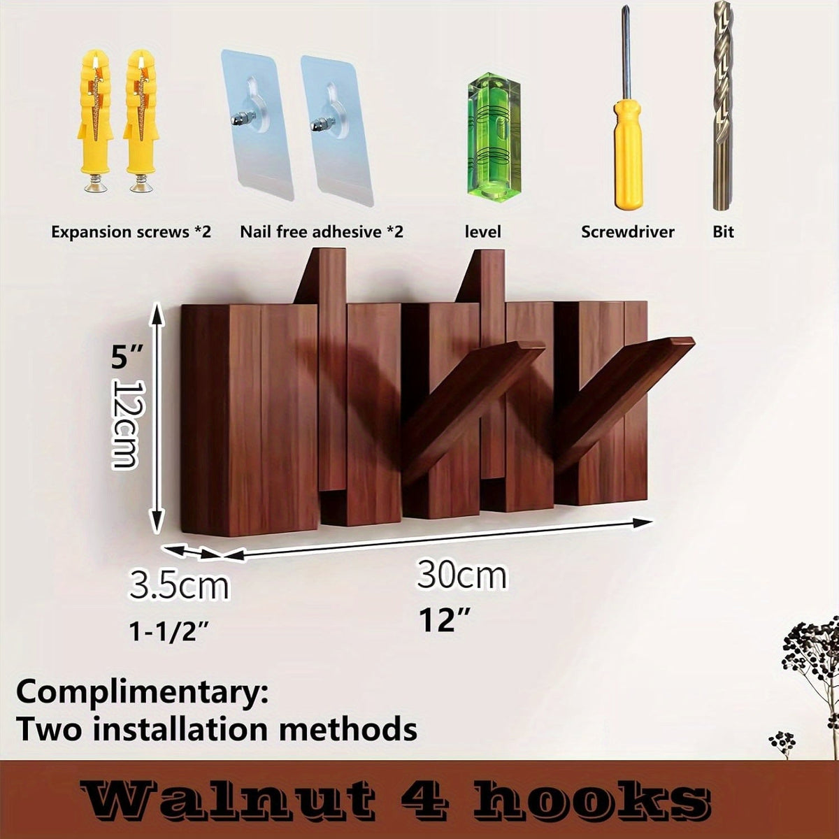 Coat Rack Wall Mounted Walnut Piano-Key Rail with Fold-Down Hooks in Five Sizes for Entryway Storage