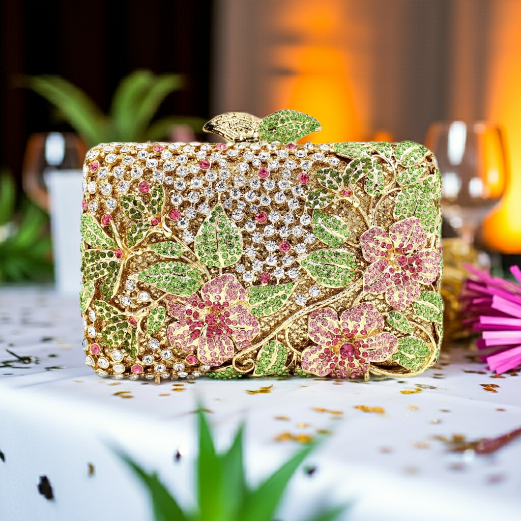 Blooming Pink Flowers Rhinestone Evening Bag,Wedding Clutch